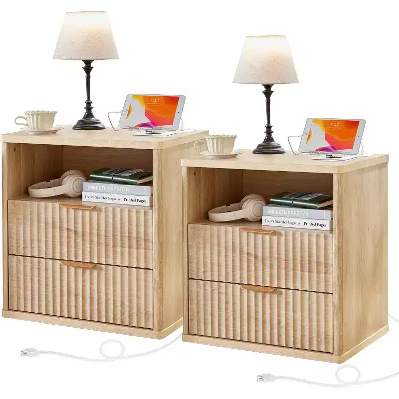 Table de chevet cannelée, table d'appoint à 2 tiroirs de 58,4 cm de large, table de chevet avec armoire de rangement ouverte, tables de chevet de ferme, commode en bois pour chambre à coucher