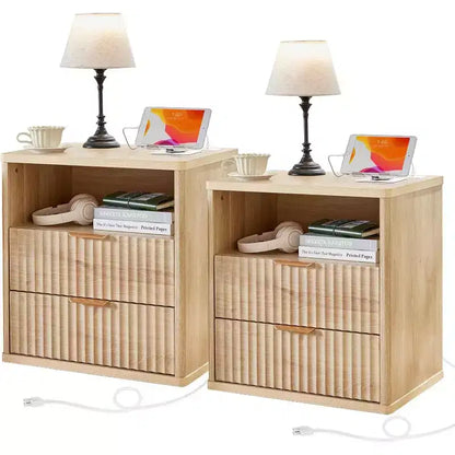 Table de chevet cannelée, table d'appoint à 2 tiroirs de 58,4 cm de large, table de chevet avec armoire de rangement ouverte, tables de chevet de ferme, commode en bois pour chambre à coucher
