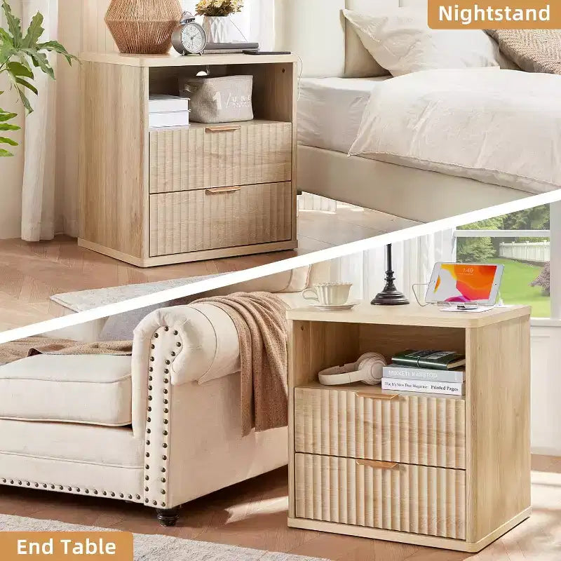 Table de chevet cannelée, table d'appoint à 2 tiroirs de 58,4 cm de large, table de chevet avec armoire de rangement ouverte, tables de chevet de ferme, commode en bois pour chambre à coucher