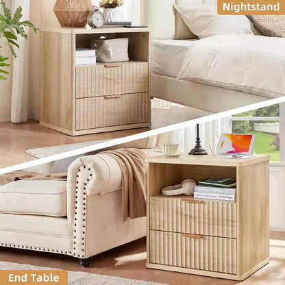 Table de chevet cannelée, table d'appoint à 2 tiroirs de 58,4 cm de large, table de chevet avec armoire de rangement ouverte, tables de chevet de ferme, commode en bois pour chambre à coucher