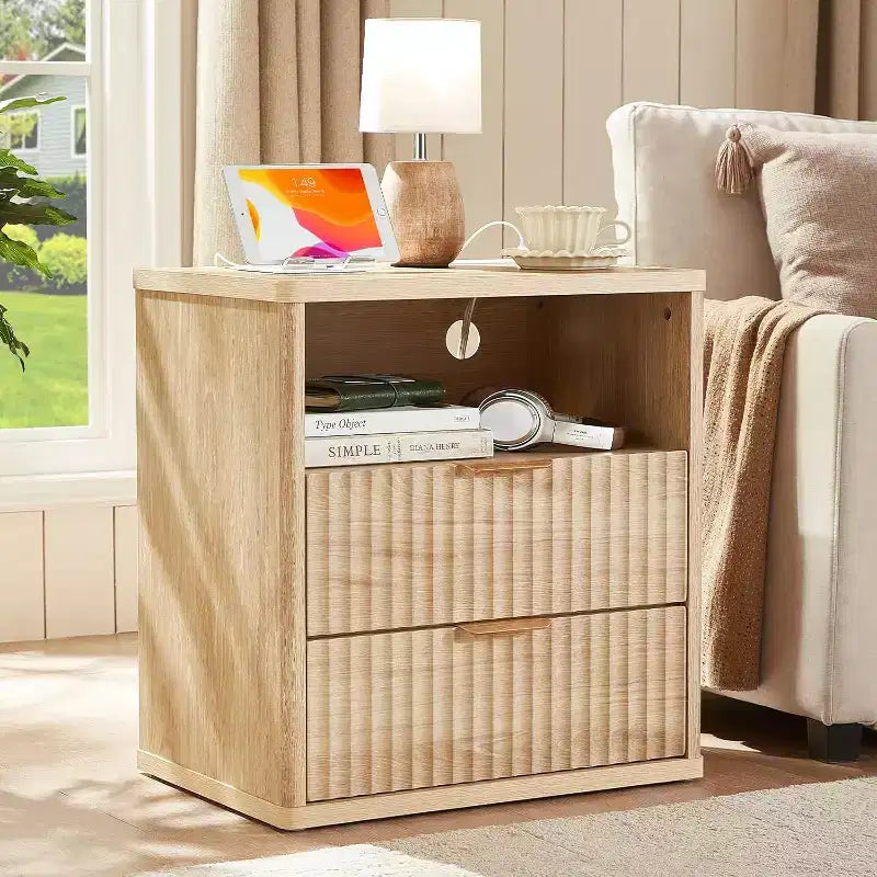 Table de chevet cannelée, table d'appoint à 2 tiroirs de 58,4 cm de large, table de chevet avec armoire de rangement ouverte, tables de chevet de ferme, commode en bois pour chambre à coucher