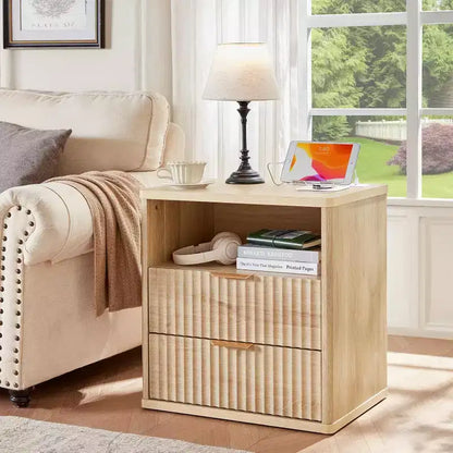 Table de chevet cannelée, table d'appoint à 2 tiroirs de 58,4 cm de large, table de chevet avec armoire de rangement ouverte, tables de chevet de ferme, commode en bois pour chambre à coucher