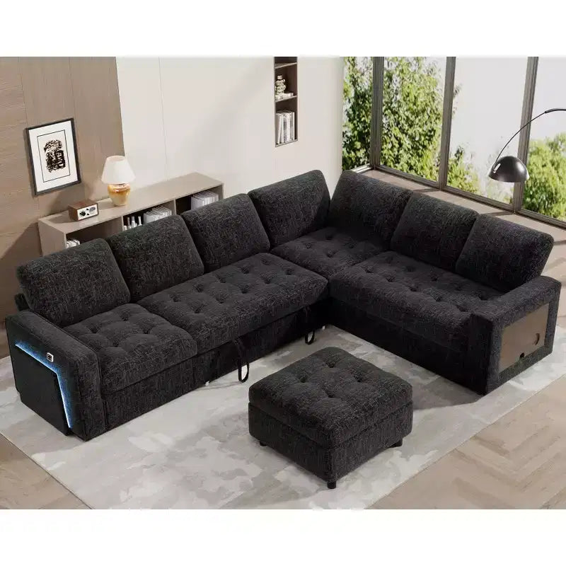 Canapé convertible en forme de L 7 places Dyonery avec lit gigogne, ports USB, lumière LED, dossier inclinable, table d'appoint et pouf, canapé en chenille