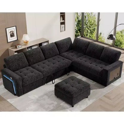 Canapé convertible en forme de L 7 places Dyonery avec lit gigogne, ports USB, lumière LED, dossier inclinable, table d'appoint et pouf, canapé en chenille