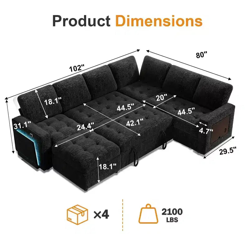 Canapé convertible en forme de L 7 places Dyonery avec lit gigogne, ports USB, lumière LED, dossier inclinable, table d'appoint et pouf, canapé en chenille
