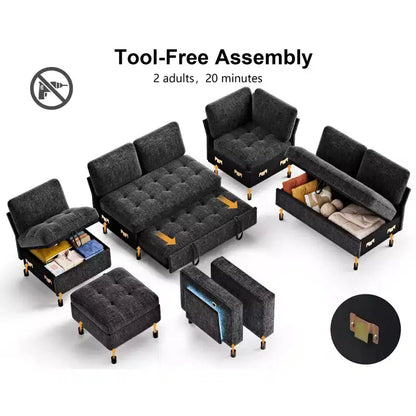 Canapé convertible en forme de L 7 places Dyonery avec lit gigogne, ports USB, lumière LED, dossier inclinable, table d'appoint et pouf, canapé en chenille