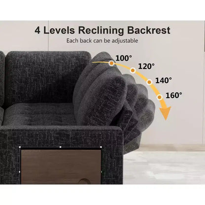 Canapé convertible en forme de L 7 places Dyonery avec lit gigogne, ports USB, lumière LED, dossier inclinable, table d'appoint et pouf, canapé en chenille