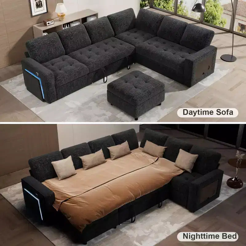 Canapé convertible en forme de L 7 places Dyonery avec lit gigogne, ports USB, lumière LED, dossier inclinable, table d'appoint et pouf, canapé en chenille