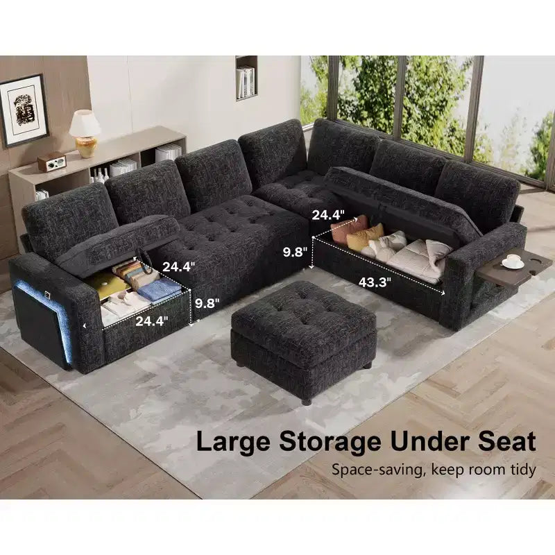 Canapé convertible en forme de L 7 places Dyonery avec lit gigogne, ports USB, lumière LED, dossier inclinable, table d'appoint et pouf, canapé en chenille