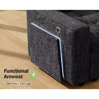 Canapé convertible en forme de L 7 places Dyonery avec lit gigogne, ports USB, lumière LED, dossier inclinable, table d'appoint et pouf, canapé en chenille