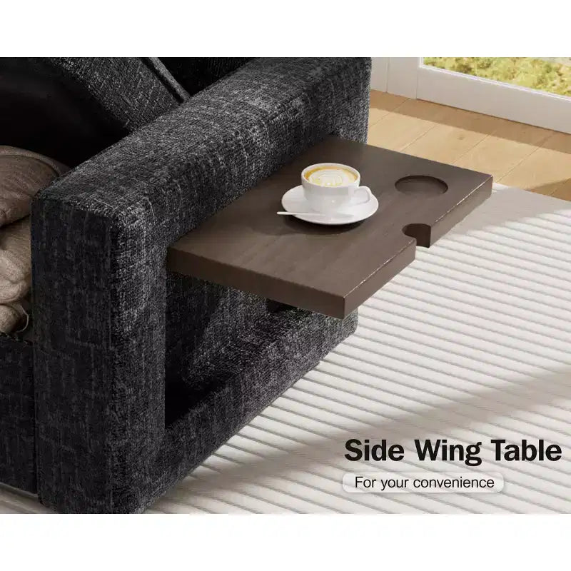 Canapé convertible en forme de L 7 places Dyonery avec lit gigogne, ports USB, lumière LED, dossier inclinable, table d'appoint et pouf, canapé en chenille