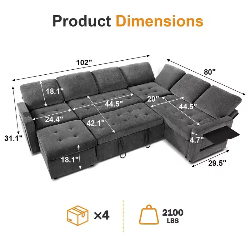 Canapé convertible en forme de L 7 places Dyonery avec lit gigogne, ports USB, lumière LED, dossier inclinable, table d'appoint et pouf, canapé en chenille