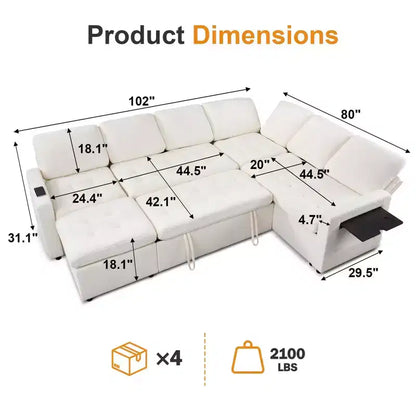 Canapé convertible en forme de L 7 places Dyonery avec lit gigogne, ports USB, lumière LED, dossier inclinable, table d'appoint et pouf, canapé en chenille