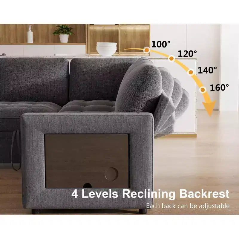 Canapé convertible en forme de L 7 places Dyonery avec lit gigogne, ports USB, lumière LED, dossier inclinable, table d'appoint et pouf, canapé en chenille