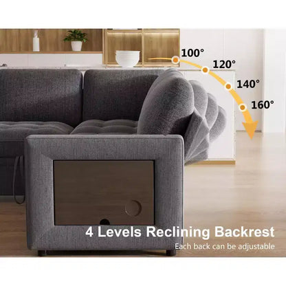 Canapé convertible en forme de L 7 places Dyonery avec lit gigogne, ports USB, lumière LED, dossier inclinable, table d'appoint et pouf, canapé en chenille