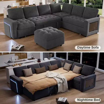 Canapé convertible en forme de L 7 places Dyonery avec lit gigogne, ports USB, lumière LED, dossier inclinable, table d'appoint et pouf, canapé en chenille