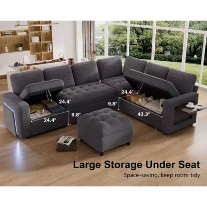 Canapé convertible en forme de L 7 places Dyonery avec lit gigogne, ports USB, lumière LED, dossier inclinable, table d'appoint et pouf, canapé en chenille