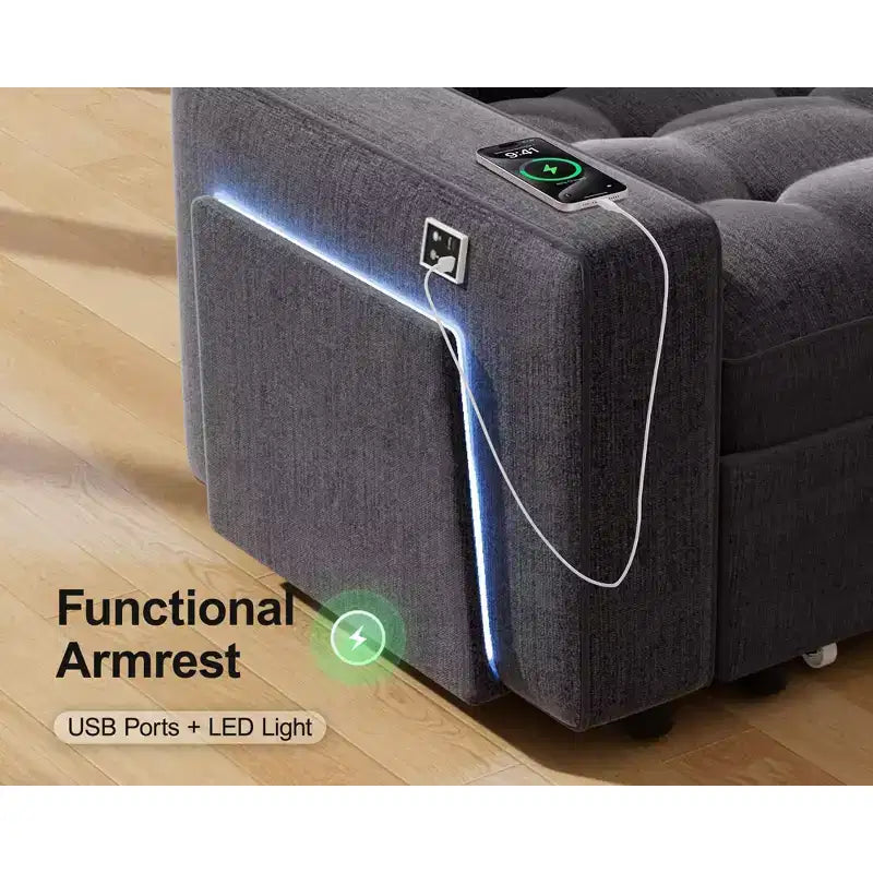 Canapé convertible en forme de L 7 places Dyonery avec lit gigogne, ports USB, lumière LED, dossier inclinable, table d'appoint et pouf, canapé en chenille