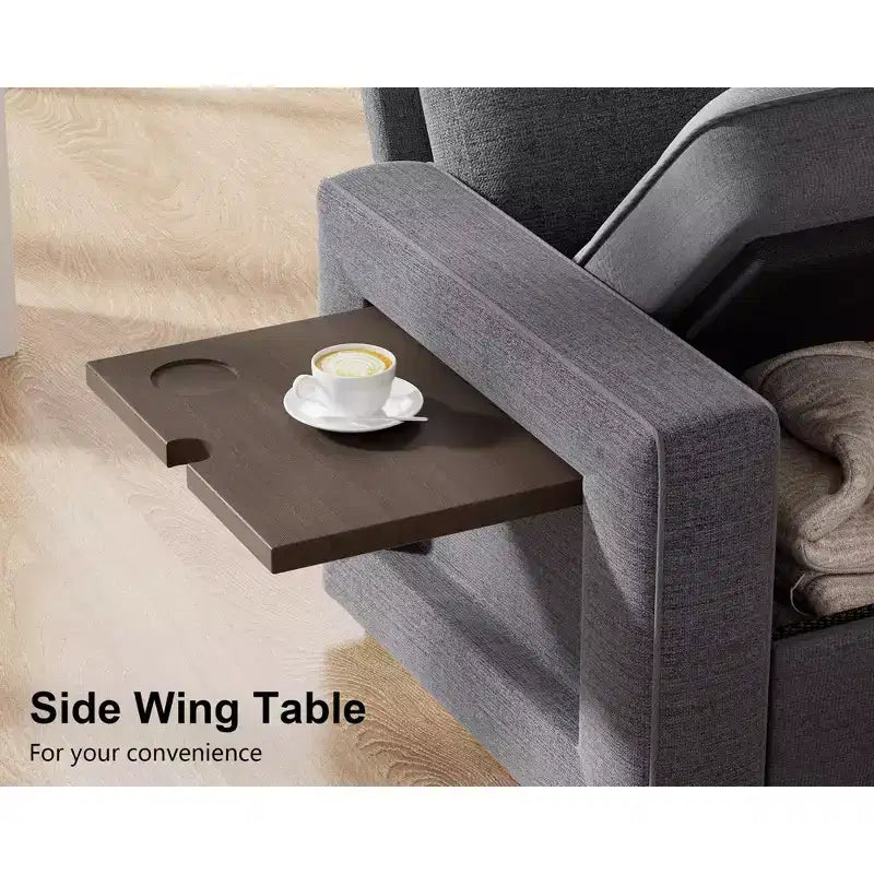 Canapé convertible en forme de L 7 places Dyonery avec lit gigogne, ports USB, lumière LED, dossier inclinable, table d'appoint et pouf, canapé en chenille