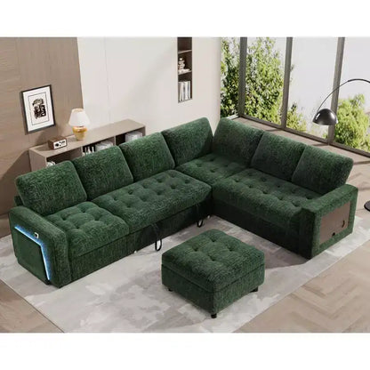 Canapé convertible en forme de L 7 places Dyonery avec lit gigogne, ports USB, lumière LED, dossier inclinable, table d'appoint et pouf, canapé en chenille