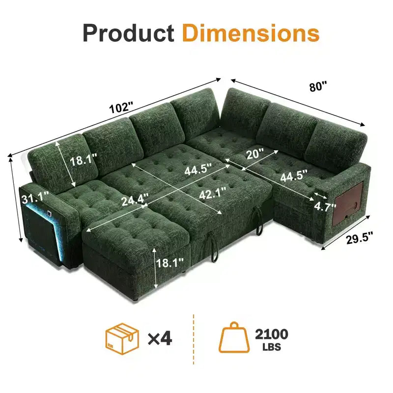 Canapé convertible en forme de L 7 places Dyonery avec lit gigogne, ports USB, lumière LED, dossier inclinable, table d'appoint et pouf, canapé en chenille