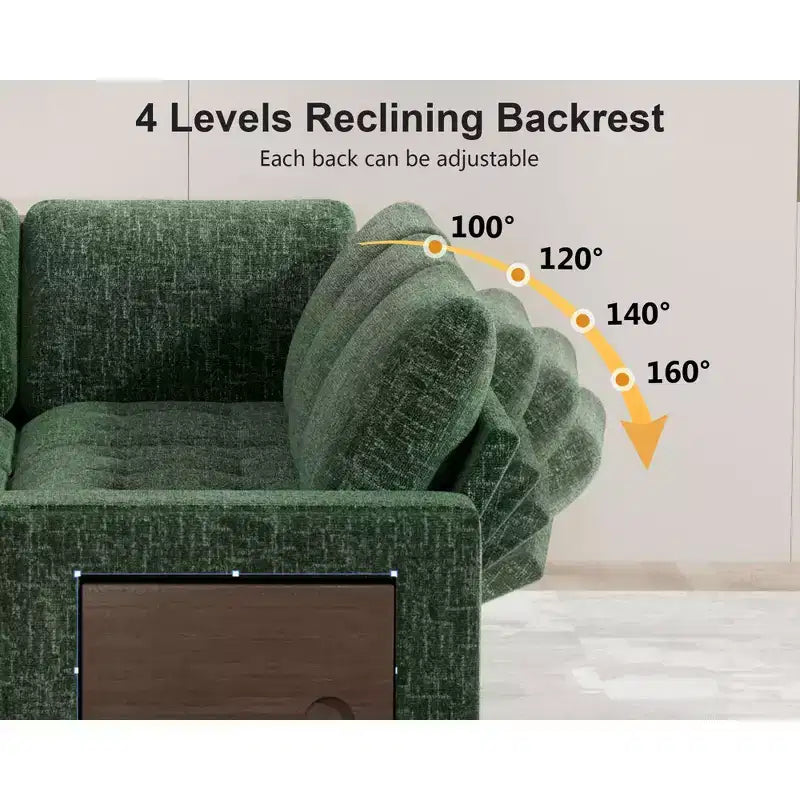 Canapé convertible en forme de L 7 places Dyonery avec lit gigogne, ports USB, lumière LED, dossier inclinable, table d'appoint et pouf, canapé en chenille