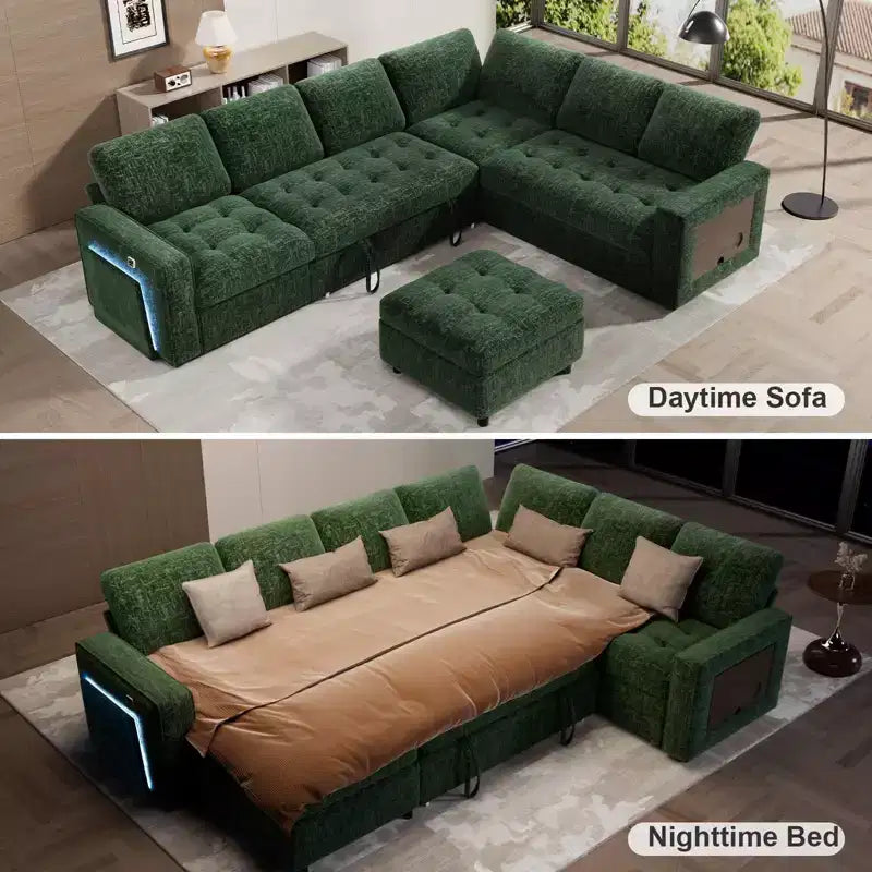 Canapé convertible en forme de L 7 places Dyonery avec lit gigogne, ports USB, lumière LED, dossier inclinable, table d'appoint et pouf, canapé en chenille