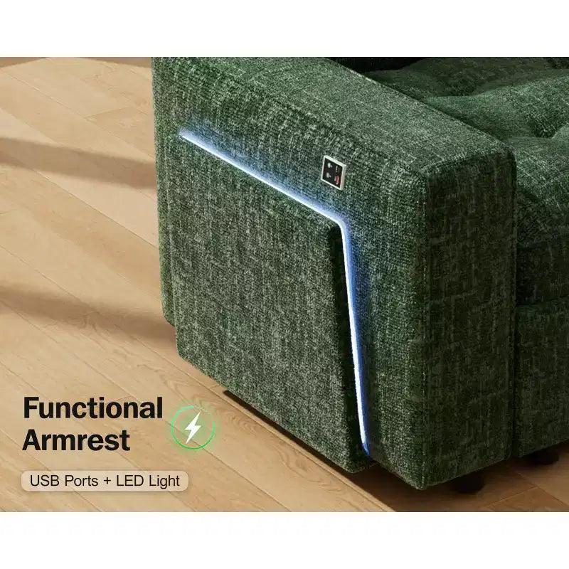 Canapé convertible en forme de L 7 places Dyonery avec lit gigogne, ports USB, lumière LED, dossier inclinable, table d'appoint et pouf, canapé en chenille