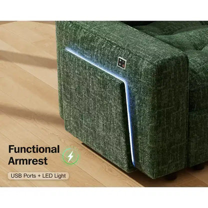 Canapé convertible en forme de L 7 places Dyonery avec lit gigogne, ports USB, lumière LED, dossier inclinable, table d'appoint et pouf, canapé en chenille