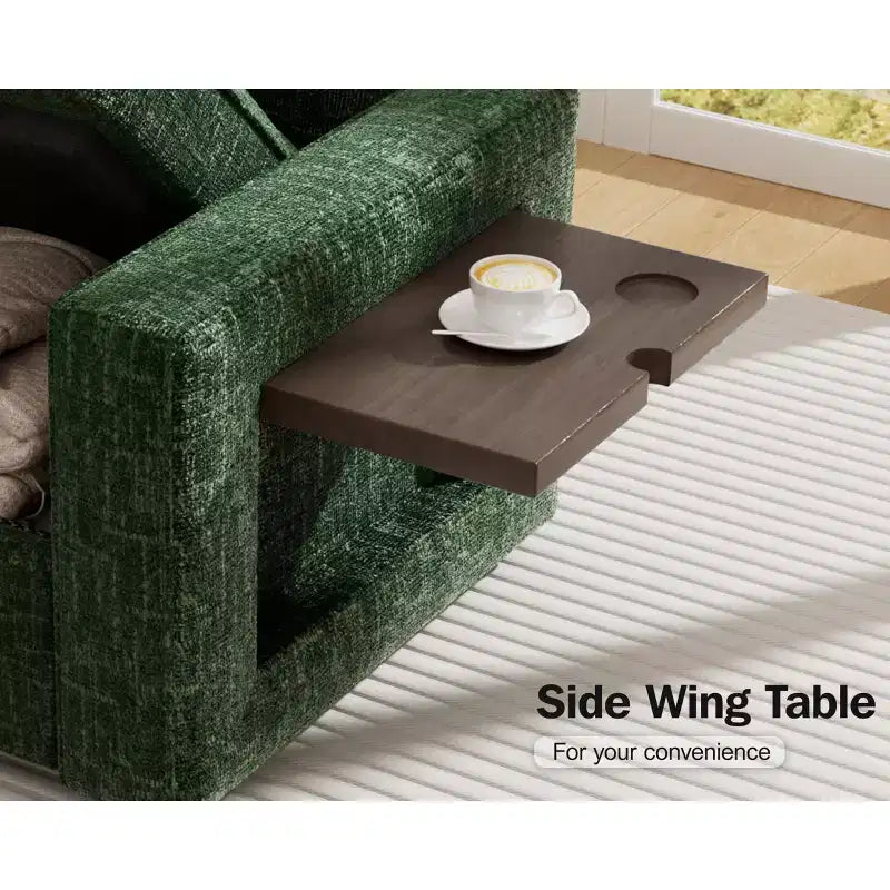 Canapé convertible en forme de L 7 places Dyonery avec lit gigogne, ports USB, lumière LED, dossier inclinable, table d'appoint et pouf, canapé en chenille