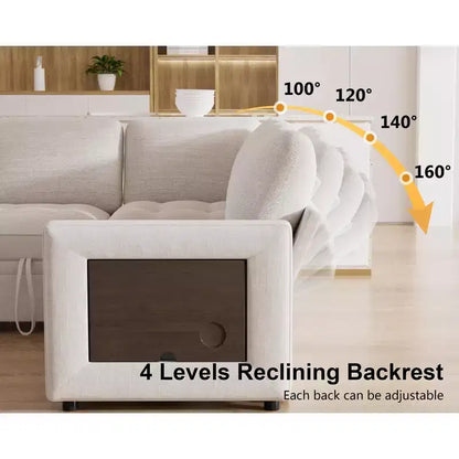 Canapé convertible en forme de L 7 places Dyonery avec lit gigogne, ports USB, lumière LED, dossier inclinable, table d'appoint et pouf, canapé en chenille