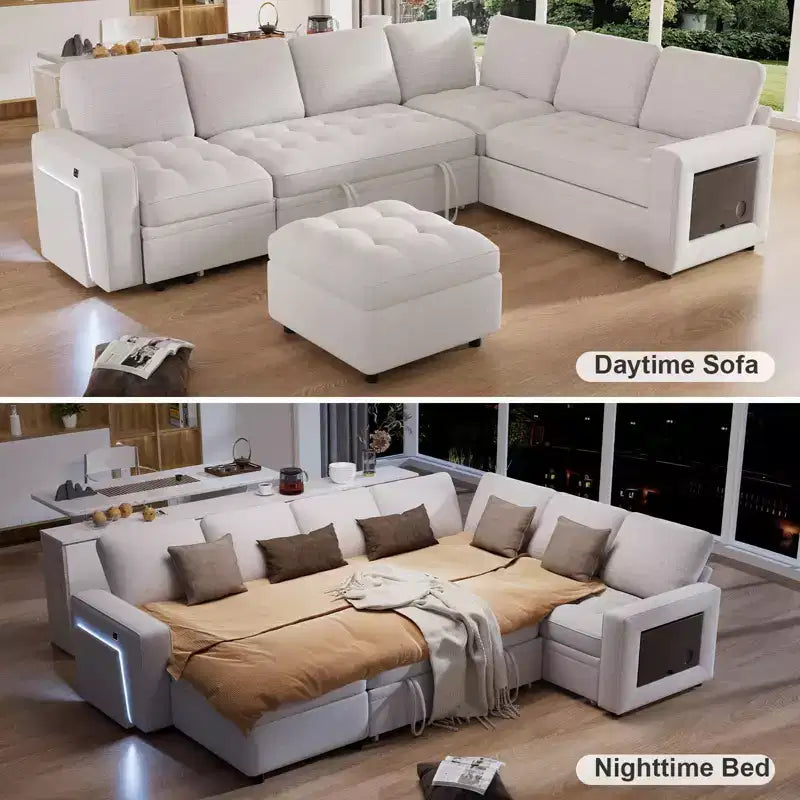 Canapé convertible en forme de L 7 places Dyonery avec lit gigogne, ports USB, lumière LED, dossier inclinable, table d'appoint et pouf, canapé en chenille