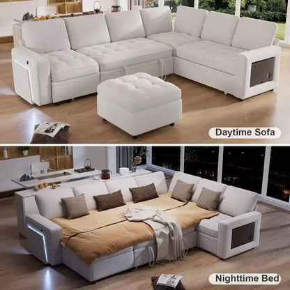 Canapé convertible en forme de L 7 places Dyonery avec lit gigogne, ports USB, lumière LED, dossier inclinable, table d'appoint et pouf, canapé en chenille
