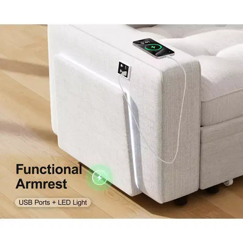 Canapé convertible en forme de L 7 places Dyonery avec lit gigogne, ports USB, lumière LED, dossier inclinable, table d'appoint et pouf, canapé en chenille