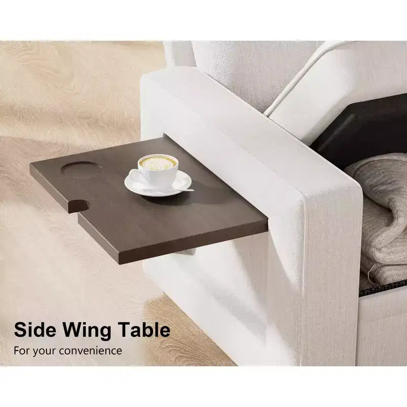 Canapé convertible en forme de L 7 places Dyonery avec lit gigogne, ports USB, lumière LED, dossier inclinable, table d'appoint et pouf, canapé en chenille
