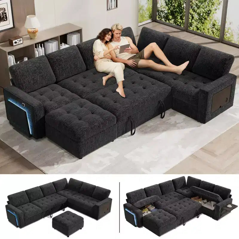 Canapé convertible en forme de L 7 places Dyonery avec lit gigogne, ports USB, lumière LED, dossier inclinable, table d'appoint et pouf, canapé en chenille