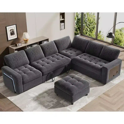 Canapé convertible en forme de L 7 places Dyonery avec lit gigogne, ports USB, lumière LED, dossier inclinable, table d'appoint et pouf, canapé en chenille