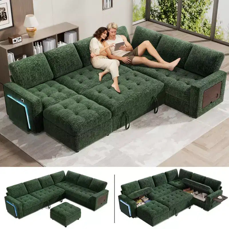 Canapé convertible en forme de L 7 places Dyonery avec lit gigogne, ports USB, lumière LED, dossier inclinable, table d'appoint et pouf, canapé en chenille