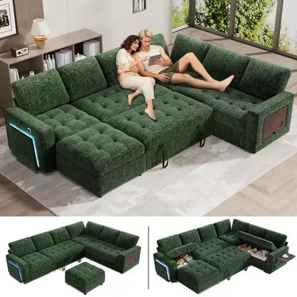 Canapé convertible en forme de L 7 places Dyonery avec lit gigogne, ports USB, lumière LED, dossier inclinable, table d'appoint et pouf, canapé en chenille