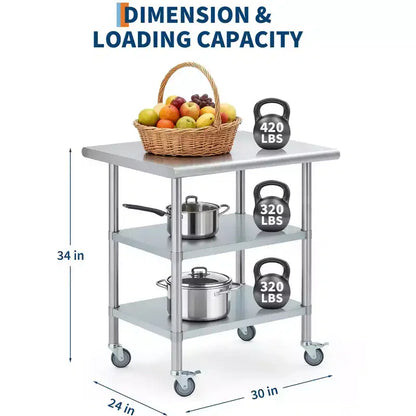 Table de travail en acier inoxydable, table de travail de cuisine commerciale 24*30 avec 4 roulettes universelles et base réglable, convient pour les restaurants, les garages, l'extérieur