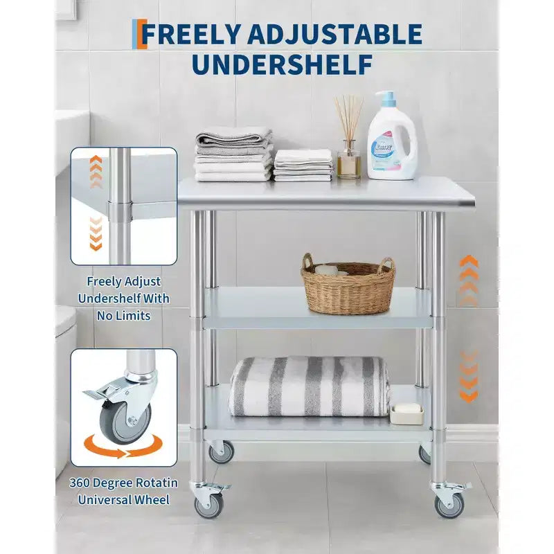 Table de travail en acier inoxydable, table de travail de cuisine commerciale 24*30 avec 4 roulettes universelles et base réglable, convient pour les restaurants, les garages, l'extérieur