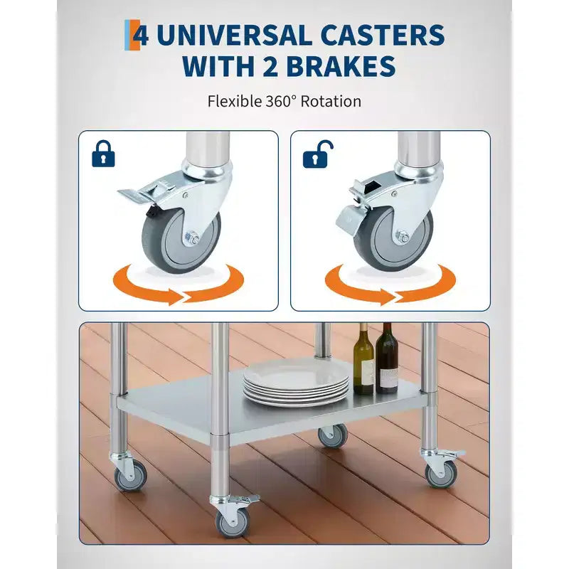 Table de travail en acier inoxydable, table de travail de cuisine commerciale 24*30 avec 4 roulettes universelles et base réglable, convient pour les restaurants, les garages, l'extérieur
