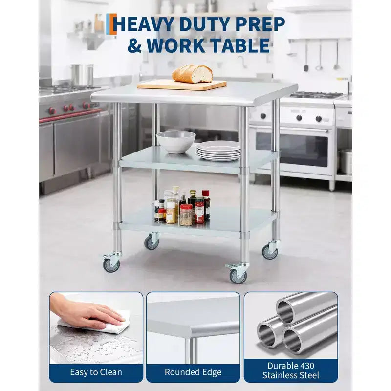 Table de travail en acier inoxydable, table de travail de cuisine commerciale 24*30 avec 4 roulettes universelles et base réglable, convient pour les restaurants, les garages, l'extérieur