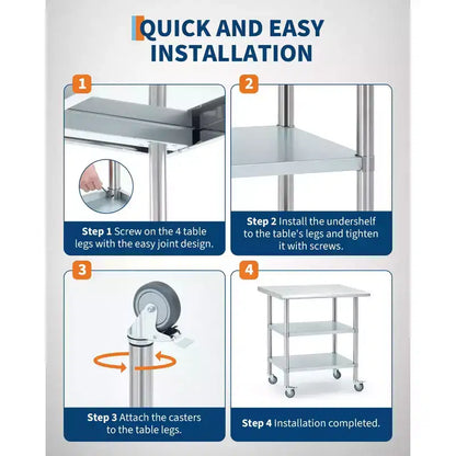 Table de travail en acier inoxydable, table de travail de cuisine commerciale 24*30 avec 4 roulettes universelles et base réglable, convient pour les restaurants, les garages, l'extérieur
