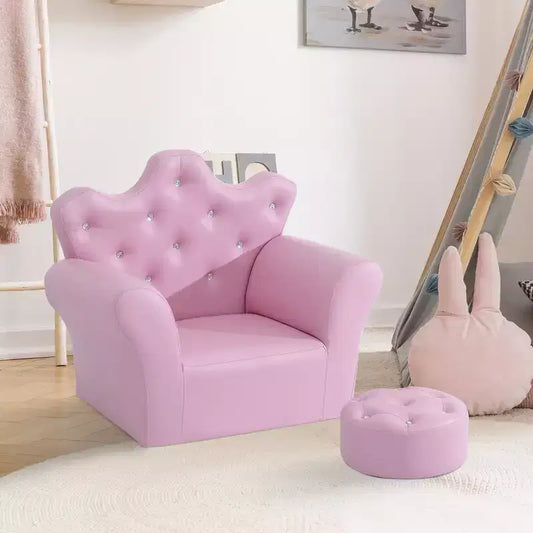 Whisen Kids Sofa Set, Children's Upholstered Sofa Couch with Footstool, Diamond Decorations - Pink
