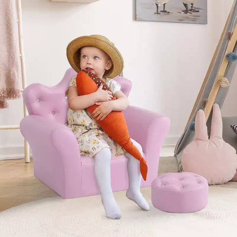 Canapé et fauteuil pour enfants Whisen, canapé rembourré pour enfants avec repose-pieds, décorations en losange - Rose