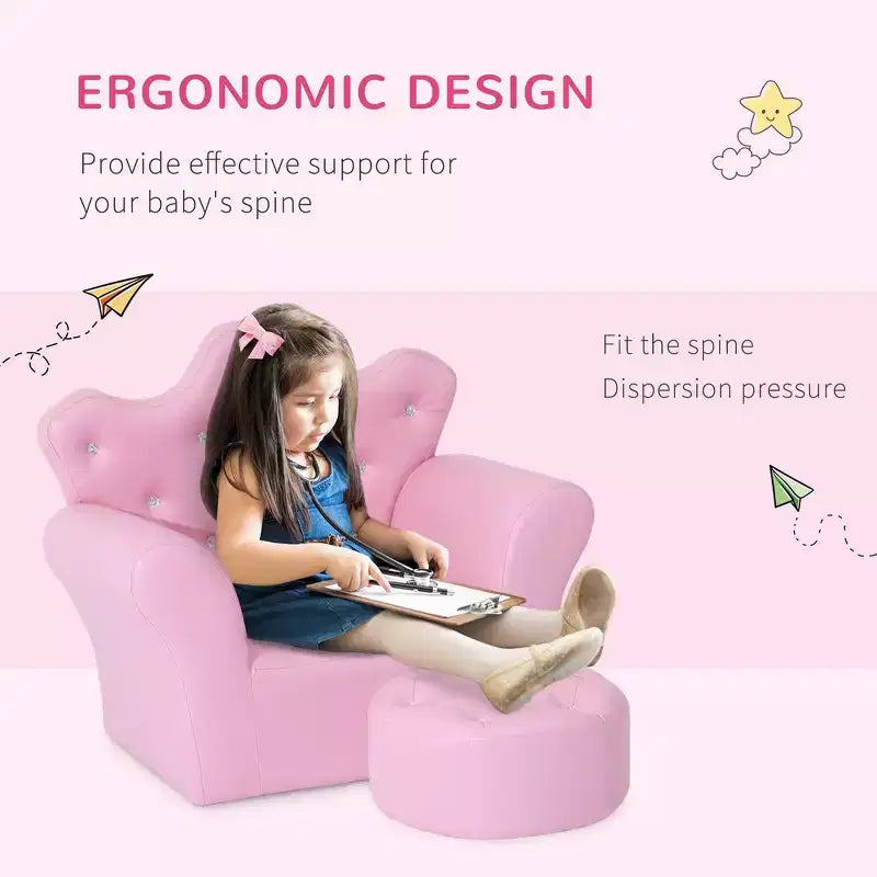 Canapé et fauteuil pour enfants Whisen, canapé rembourré pour enfants avec repose-pieds, décorations en losange - Rose