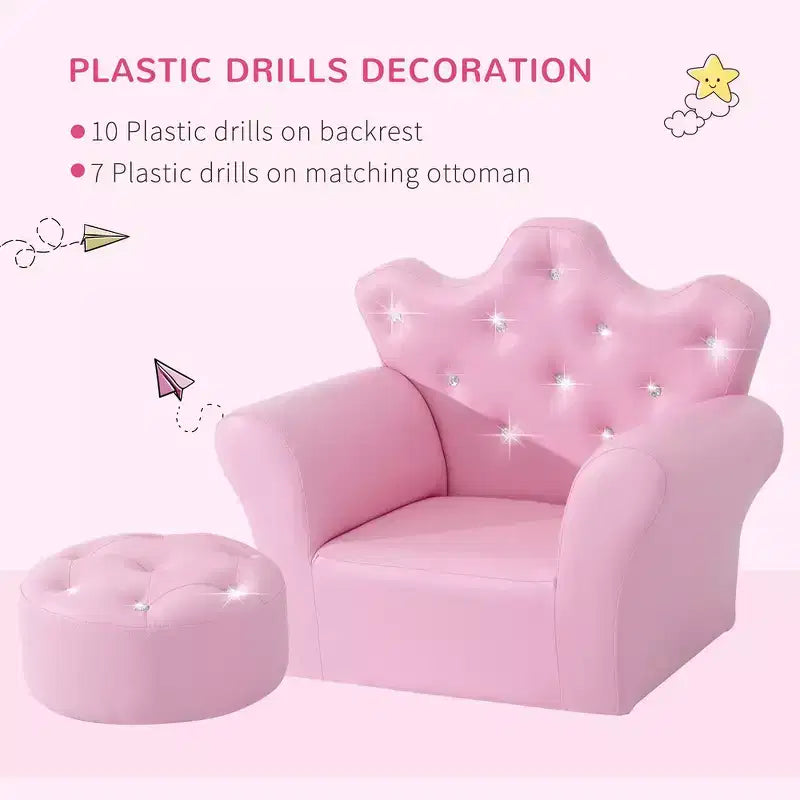 Canapé et fauteuil pour enfants Whisen, canapé rembourré pour enfants avec repose-pieds, décorations en losange - Rose