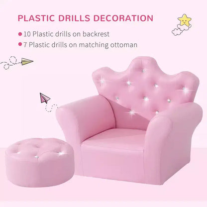 Canapé et fauteuil pour enfants Whisen, canapé rembourré pour enfants avec repose-pieds, décorations en losange - Rose