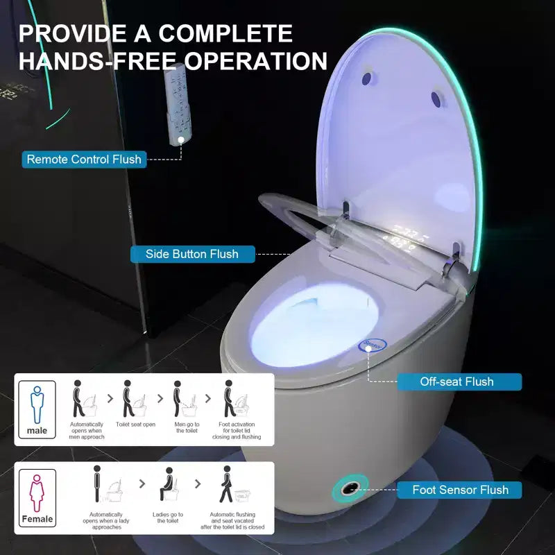 Toilettes intelligentes Dyonery avec couvercle et abattant à ouverture/fermeture automatiques, chasse d'eau à capteur au pied, sans réservoir monobloc allongé, siège chauffant,